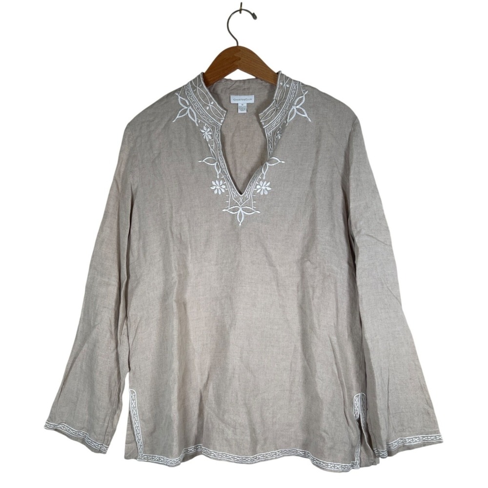 Charter Club Womens Size 16 Kaftan Tunic Top Natural Linen Embroidery Trim L/S